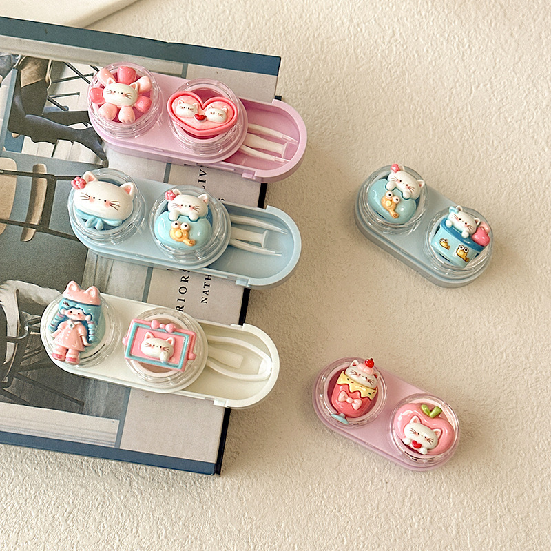 Women Accessories Drawer - かわいい漫画猫コンタクトレンズケースポータブル引き出しスタイルピンセット吸引ツール付き ABS 素材女性女の子旅行オフィス用