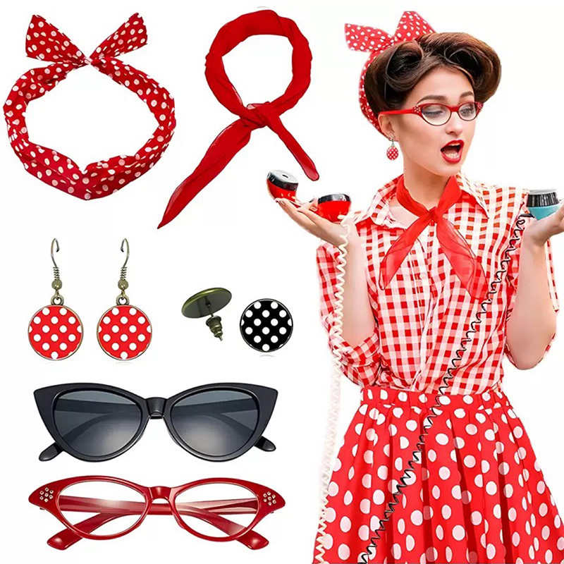 Women'S Accessories In The 1950S - 1950年代ファンシードレスコスチュームアクセサリーセット女性用スカーフバンダナネクタイヘッドバンドキャッツアイメガネネックレスハロウィン50年代パーティーコスチューム