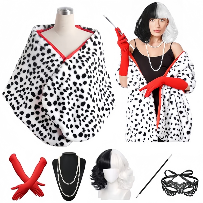 Women'S Accessories In The 1950S - 女性用 クルエラ・デヴィル ショートダルメシアンプリントショール レッドグローブ パールネックレス ハロウィンコスチューム