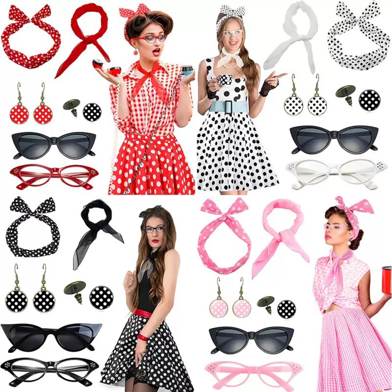 Women'S Accessories In The 1950S - 1950年代レトロパーティーコスプレドレスアップキャットアイメガネ水玉ヘアストラップイヤリングアクセサリーセットコスプレ衣装アクセサリー
