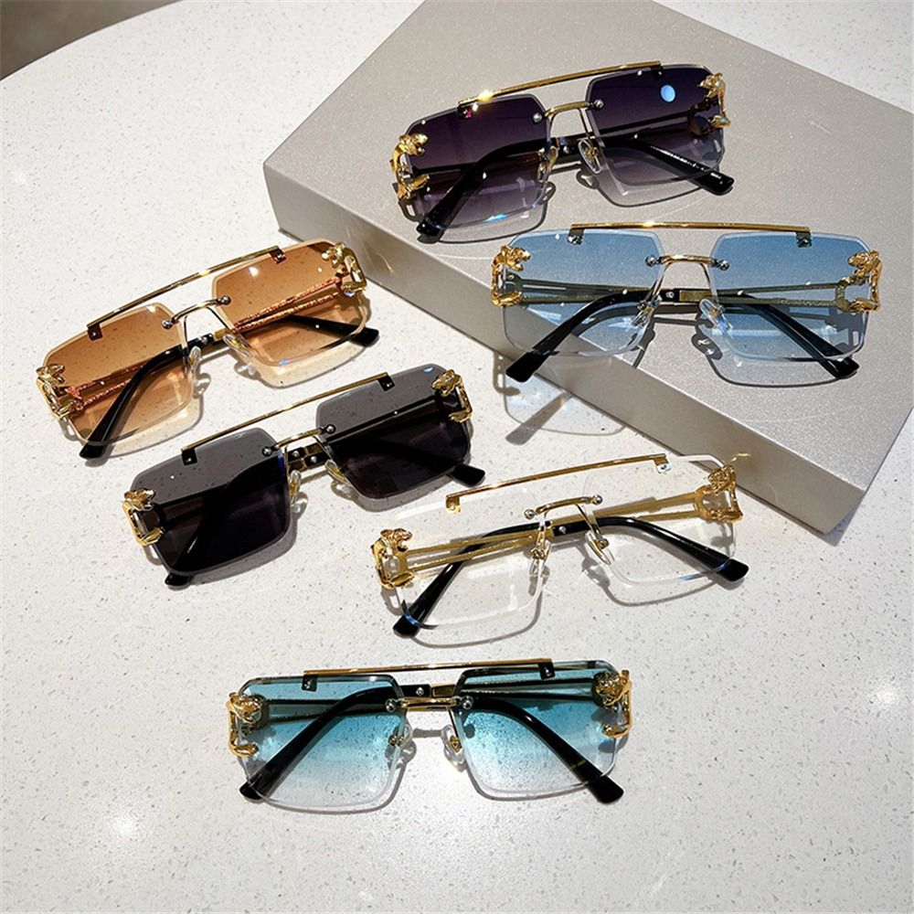 Sunglasses Oversized Square - レトロダブルブリッジリムレスサングラスメタル UV400 特大スクエアシェードチーター装飾サングラス女性 & 男性用