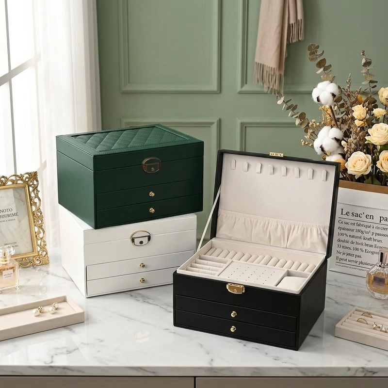 Women Accessories Drawer - 大容量ジュエリーボックス多層引き出し収納オーガナイザーベルベット裏地付きイヤリングホルダー女性用アクセサリー