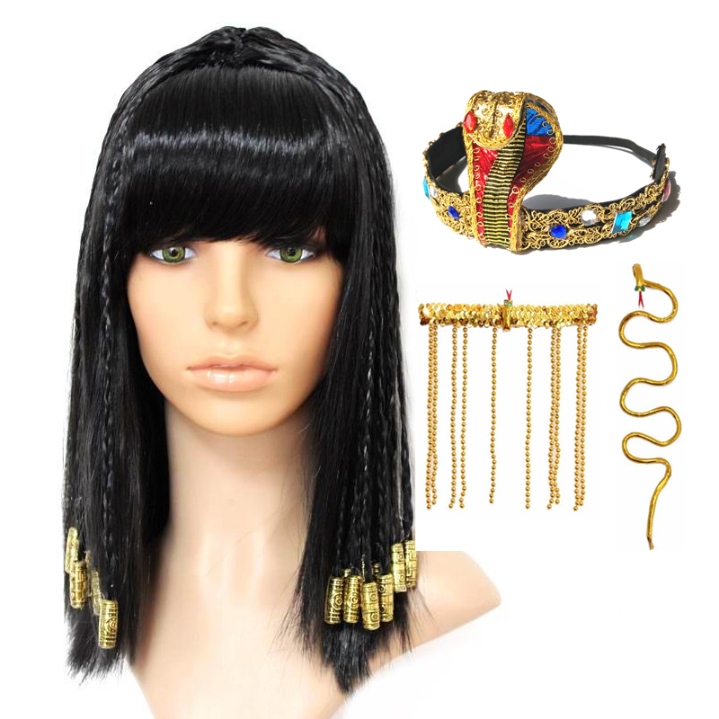 Women Accessories In Egypt - クレオパトラウィッグ女性エジプト女王黒髪ゴールドビーズクレオパトラアクセサリーヘッドピースダンスハロウィンパーティーロールプレイコスプレウィッグ