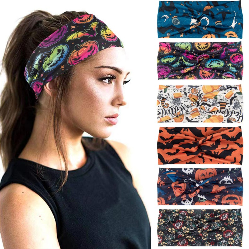 Women'S Yoga Accessories - ボヘミアンプリントのワイドヘッドバンド,頭蓋骨,カボチャ,あごひげ,ハロウィーン,結び目,伸縮性,ヨガ,ランニング,ヘアアクセサリー