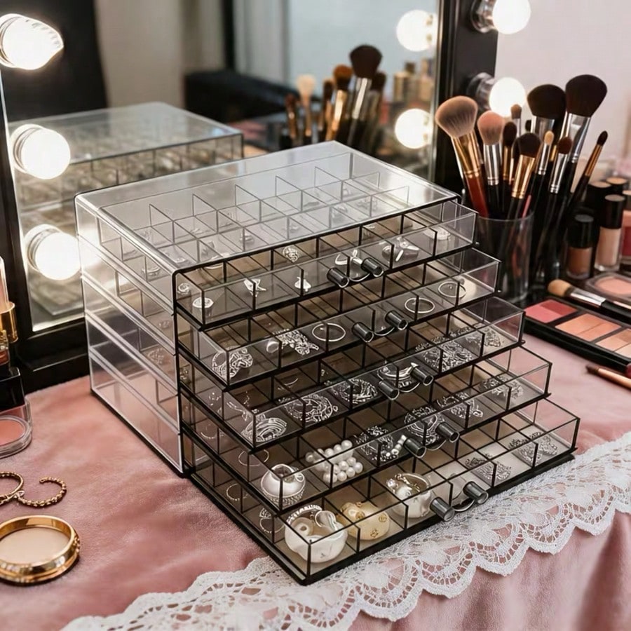 Women Accessories Drawer - 大容量ジュエリーオーガナイザーボックス、3/5段透明引き出しジュエリー収納ケース、イヤリング・指輪・ネックレス・ブレスレットディスプレイホルダー、ポータブルデスクトップ小型ジュエリーアクセサリー収納ボックス、女性や女の子の親友へのプレゼントに最適