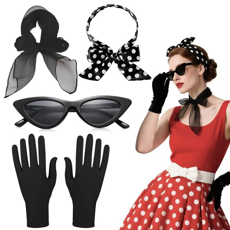 Women'S Accessories In The 1950S - 50 年代のレトロなコスチュームアクセサリー女性 1950 年代の仮装水玉模様のネクタイヘアバンドイヤリング眼鏡パーティーコスプレスーツ