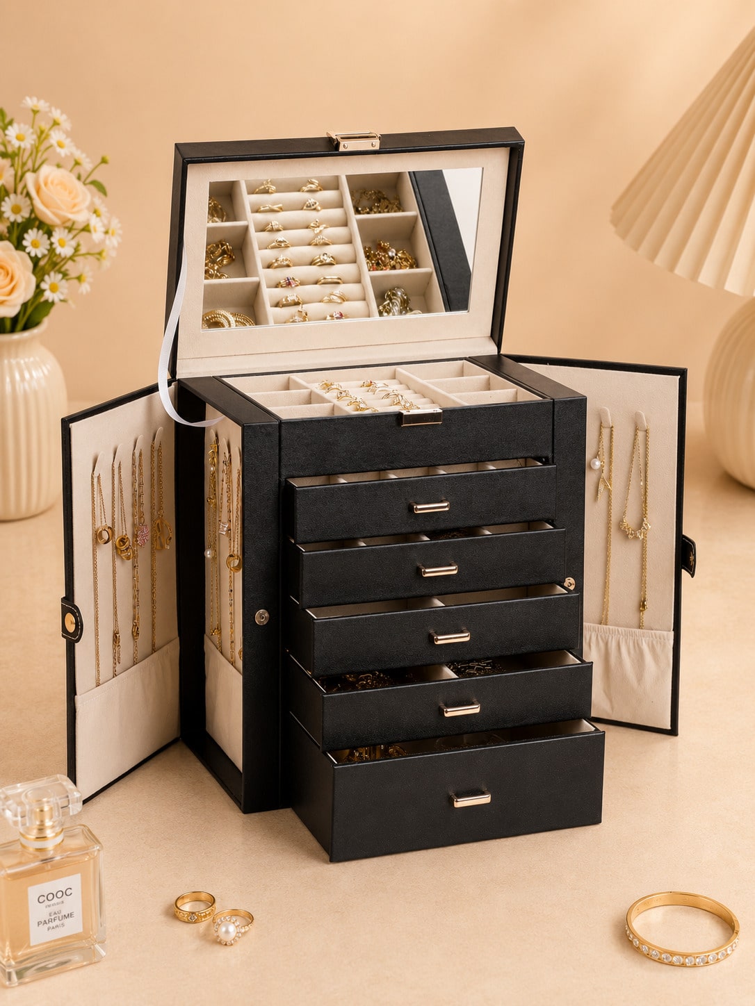 1個入り大型6層PUレザー製ジュエリーボックス（鏡付き）、ネ - Women Accessories Drawer のレビューと価格