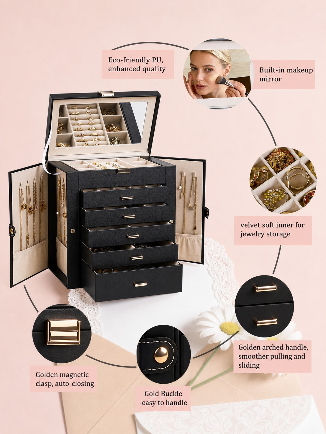 1個入り大型6層PUレザー製ジュエリーボックス（鏡付き）、ネ - Women Accessories Drawer のレビューと価格