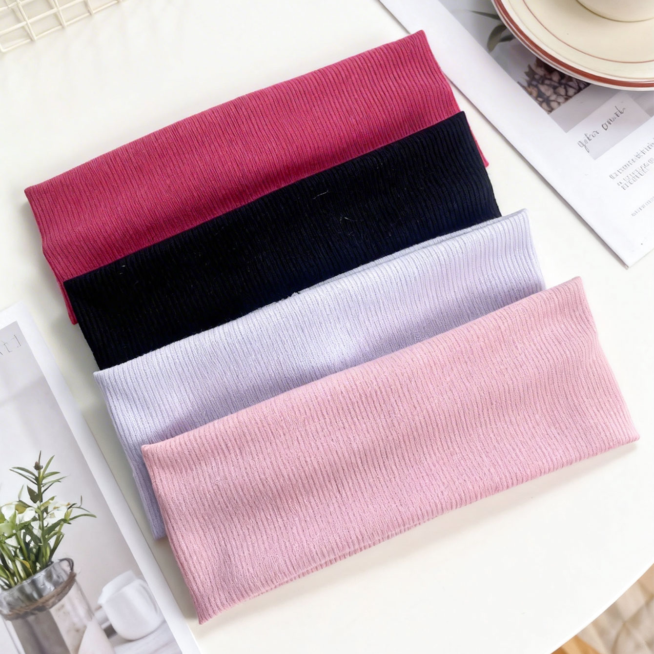 4個入り幅広リブ編み伸縮性ヘッドバンド、女性用シンプル無地ヘ - Women'S Yoga Accessories のレビューと価格